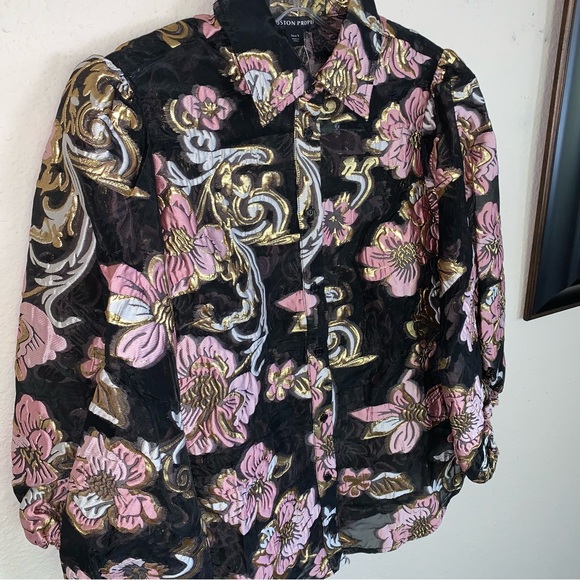 NWOT Boston Proper Sheer Floral Puff Sleeve Button Down Blouse - Picture 4 of 13